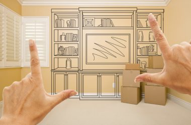 Framing Hands of Shelf Design Drawing on Wall In Empty Room.